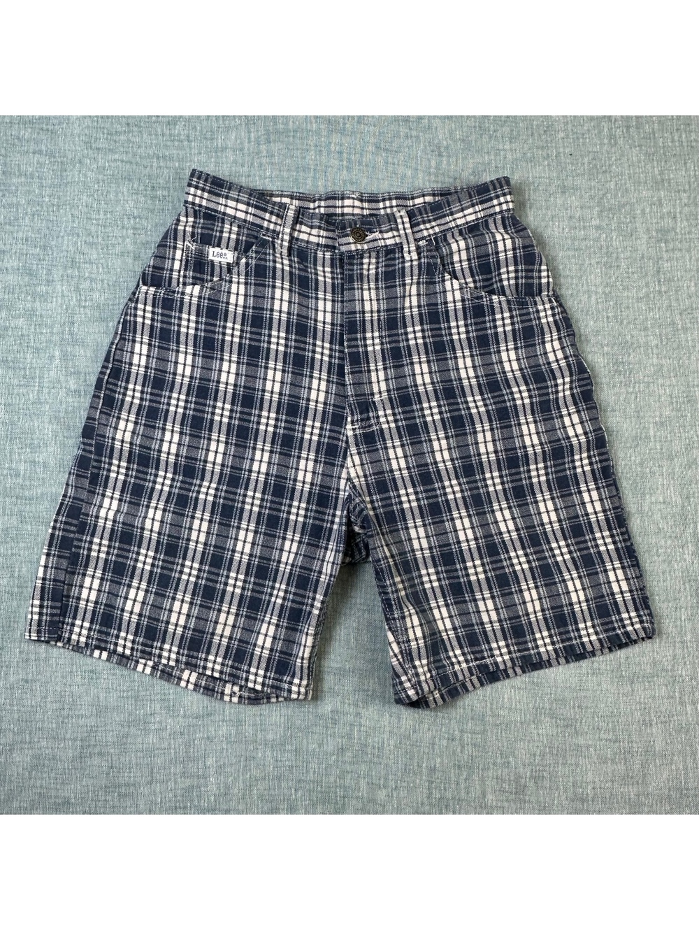 Vintage Lee Plaid Shorts Boys Size 10 Med Blue White Made In USA Retro 80s